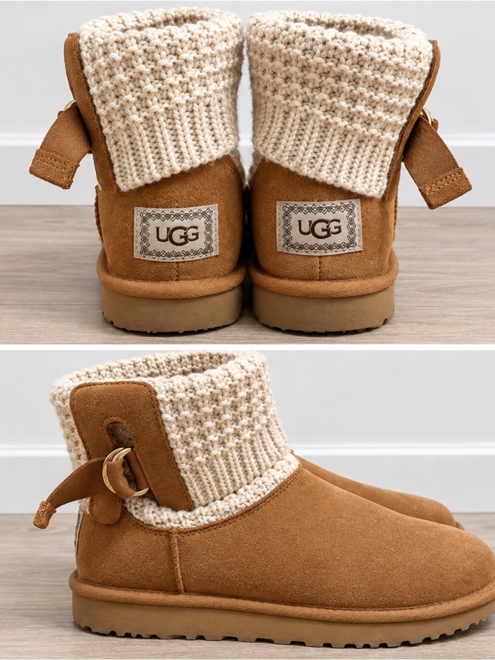 UGG Chestnut Suede Ankle Boots with Cream Knit Cuff